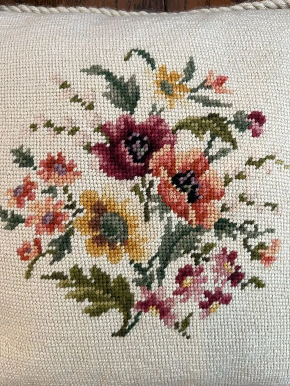Vintage Floral Needlepoint Throw Pillow With Rope Trim & Green Velvet 12